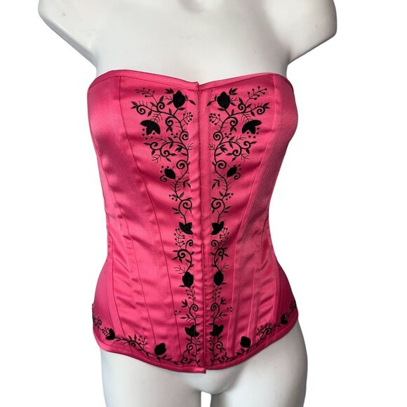 Vtg Y2k Charlotte Russe Neon Hot Pink Black Embroidered Demure Corset Top Large - Picture 1 of 3